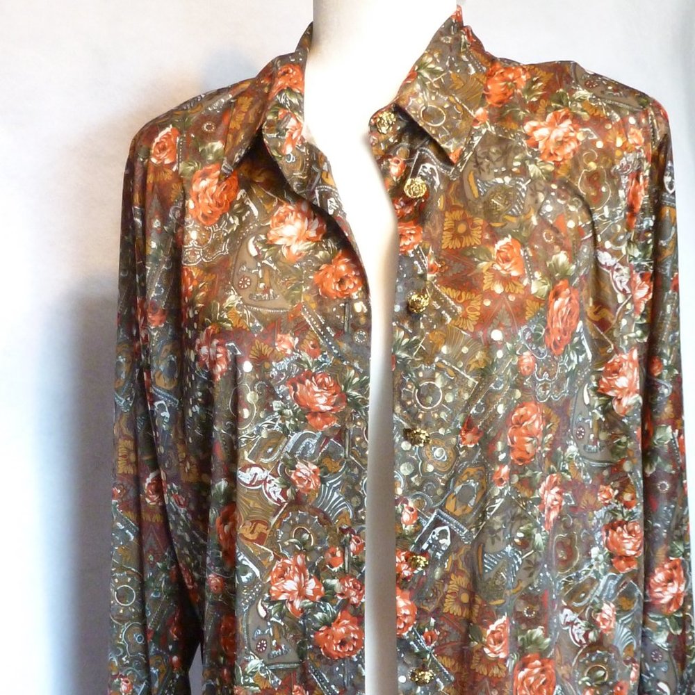 Vintage button down blouse w/gold & rose print
